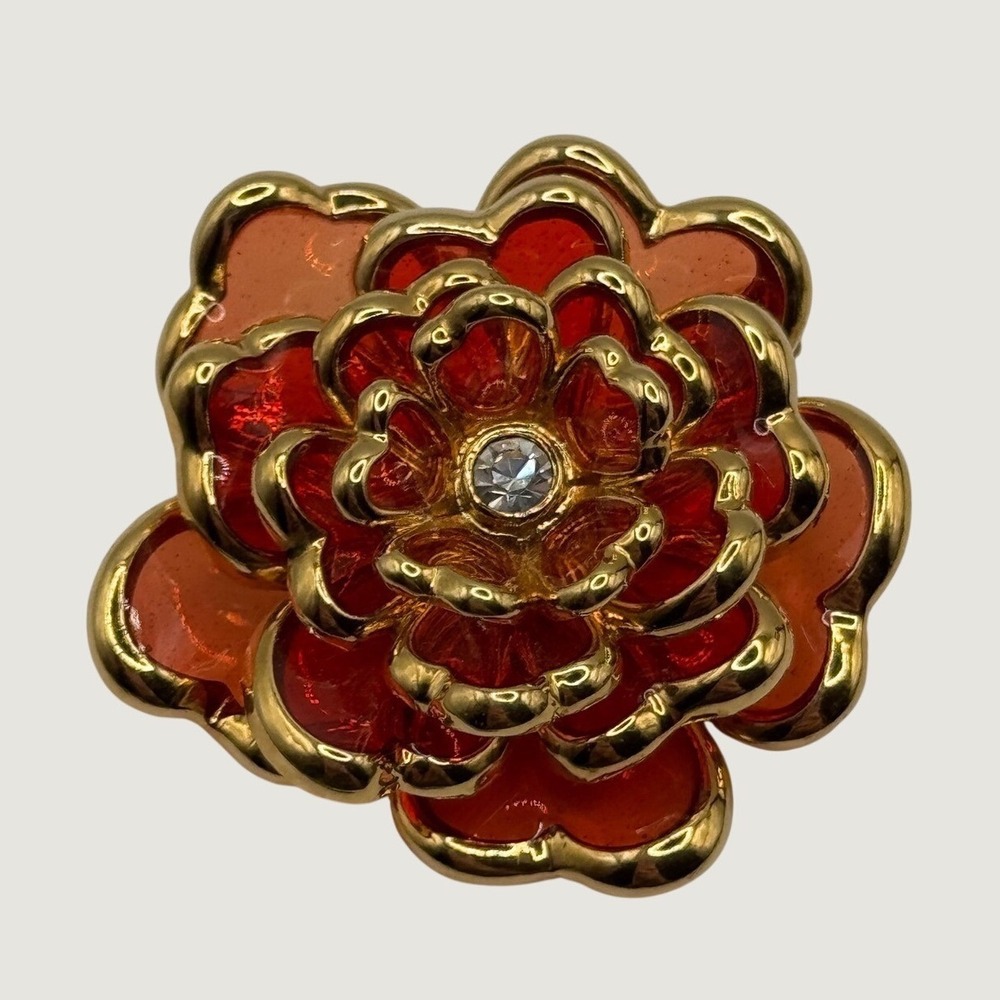 Vintage Joan Rivers Brooch Plique‎ A Jour Carnation Flower Gold Tone Pin
